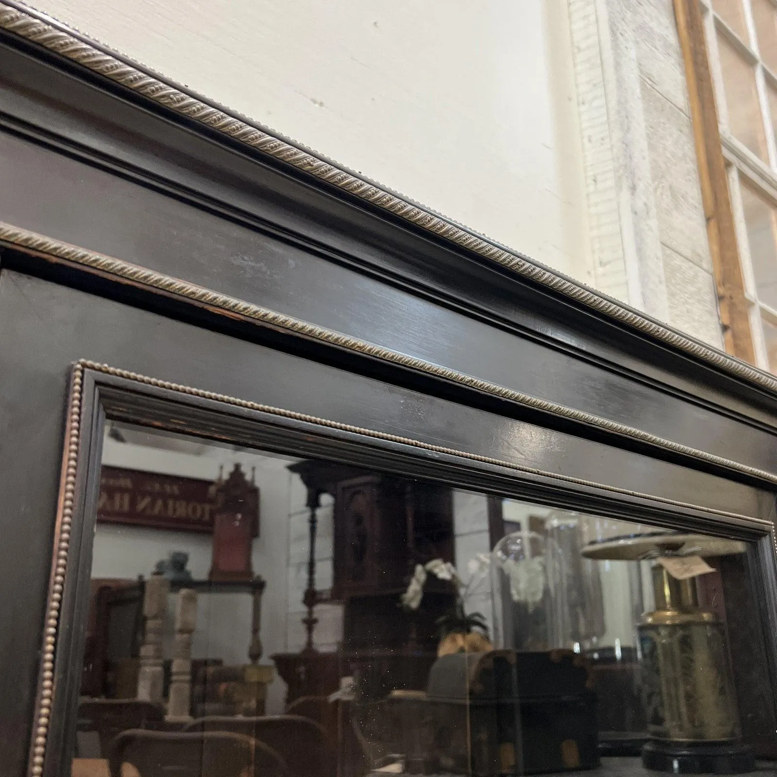 French Black Napoleon III Era Cabinet With Brass Inlay, Glass Door