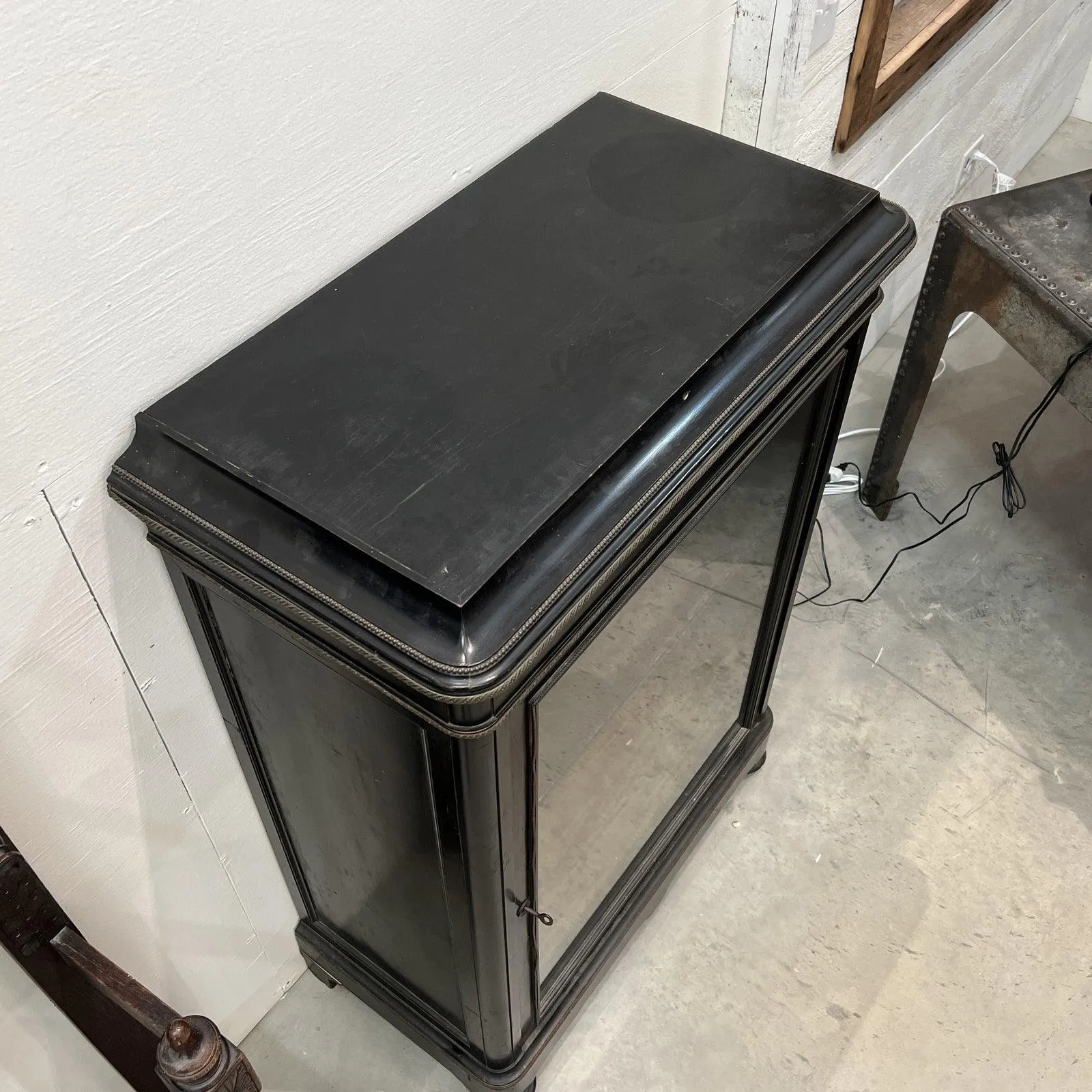 French Black Napoleon III Era Cabinet With Brass Inlay, Glass Door