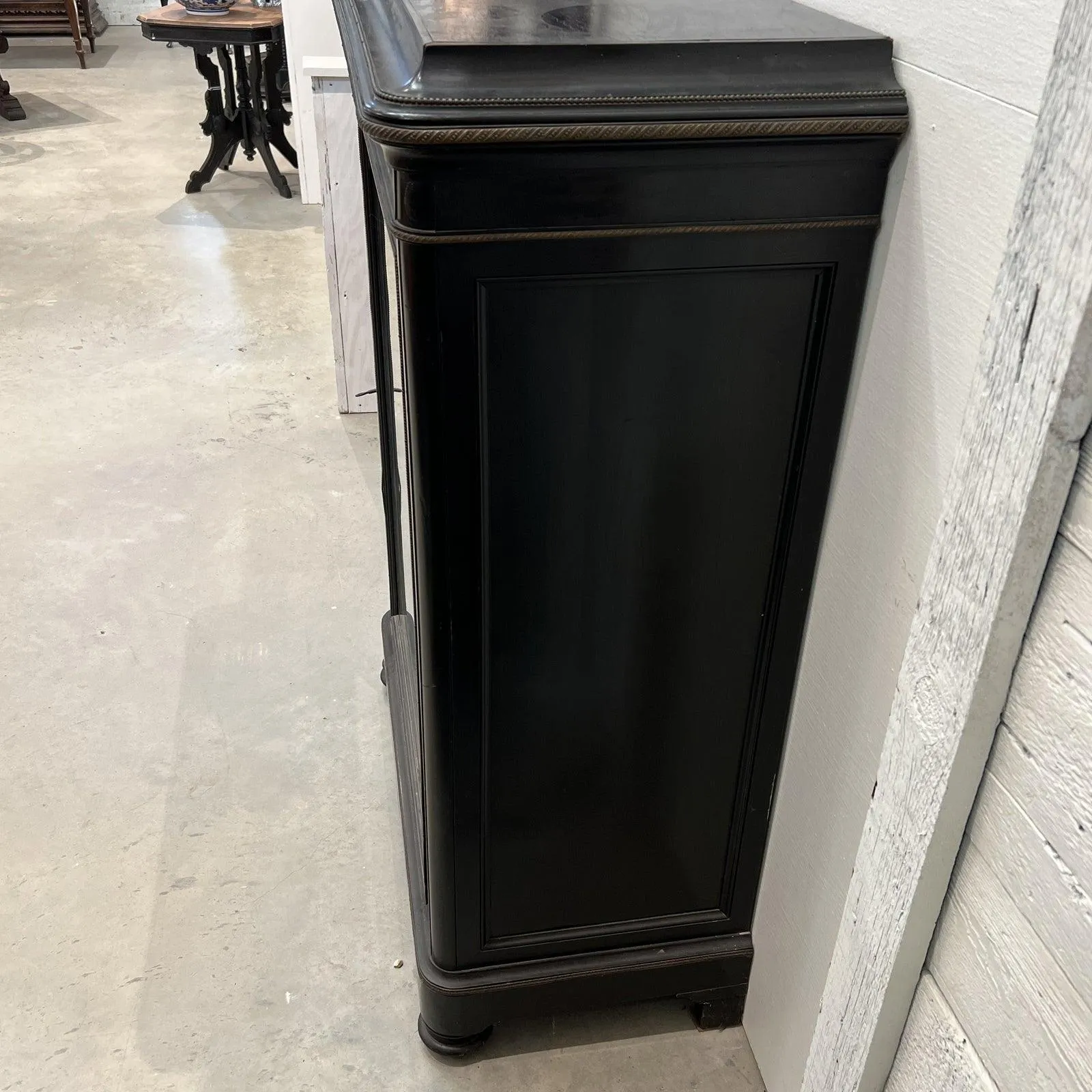 French Black Napoleon III Era Cabinet With Brass Inlay, Glass Door