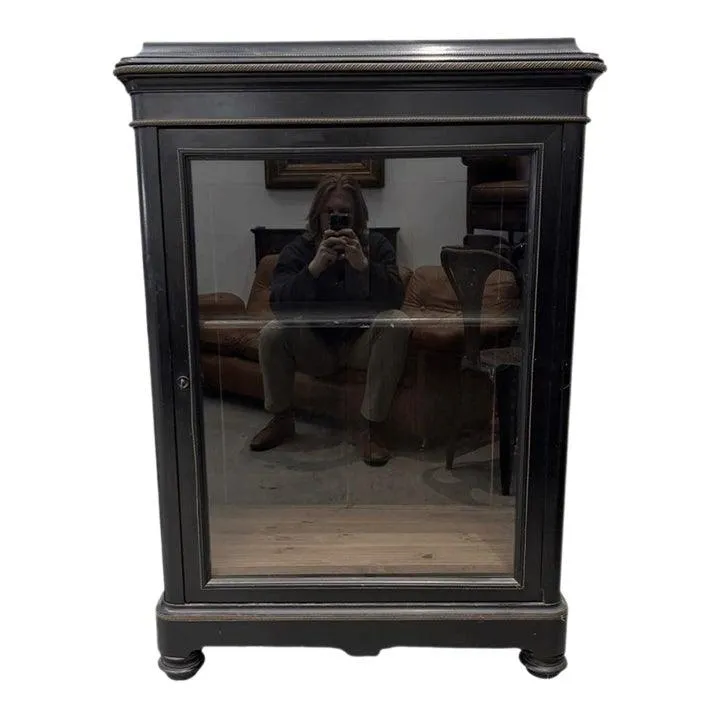 French Black Napoleon III Era Cabinet With Brass Inlay, Glass Door