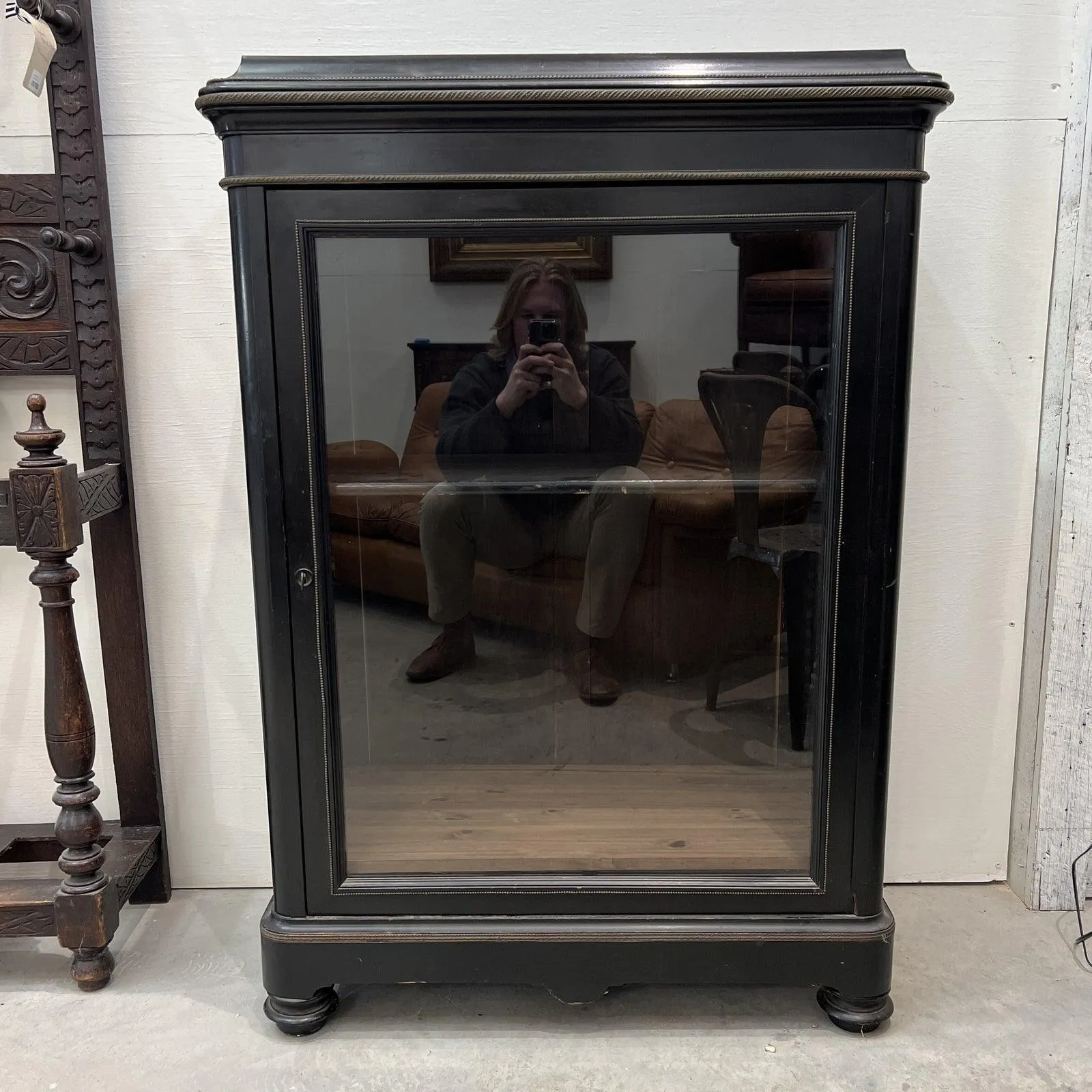 French Black Napoleon III Era Cabinet With Brass Inlay, Glass Door
