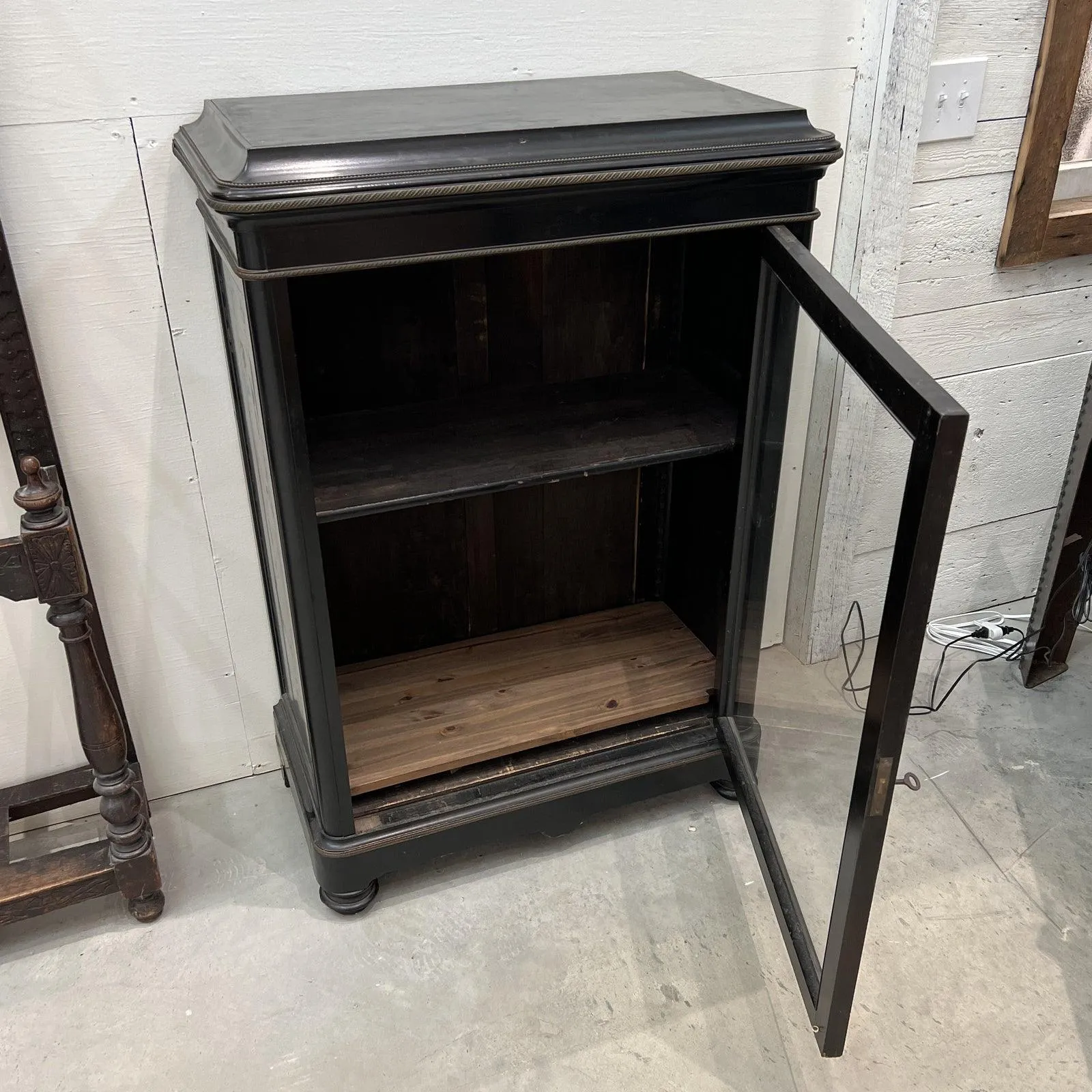 French Black Napoleon III Era Cabinet With Brass Inlay, Glass Door