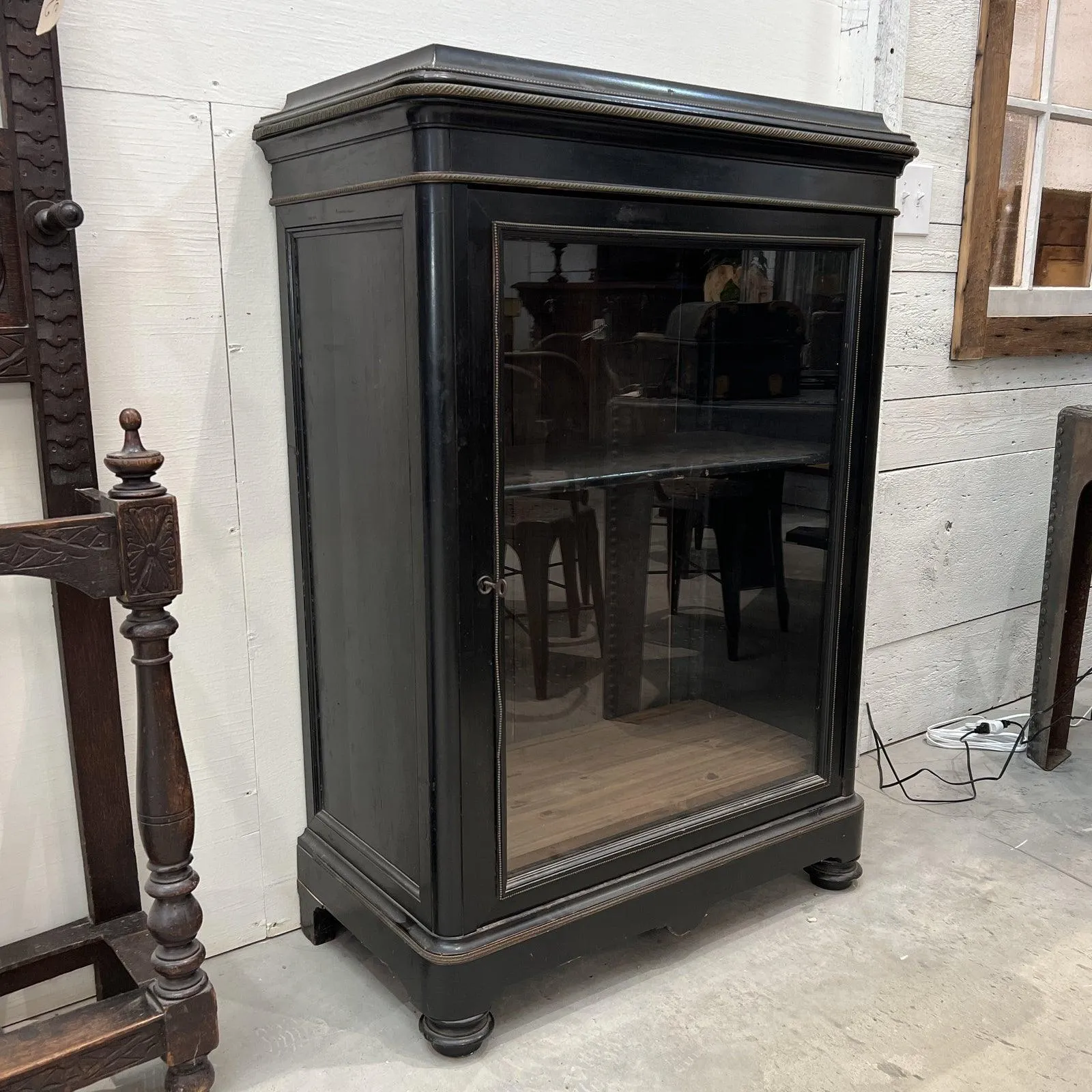 French Black Napoleon III Era Cabinet With Brass Inlay, Glass Door