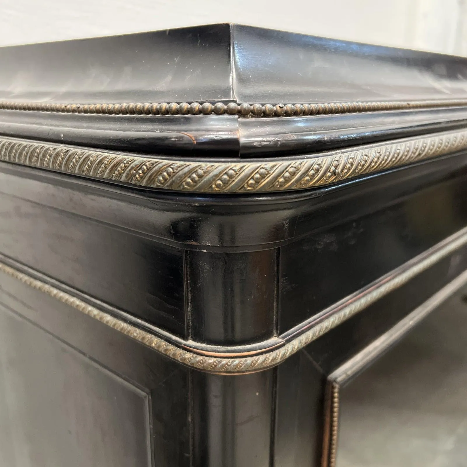 French Black Napoleon III Era Cabinet With Brass Inlay, Glass Door