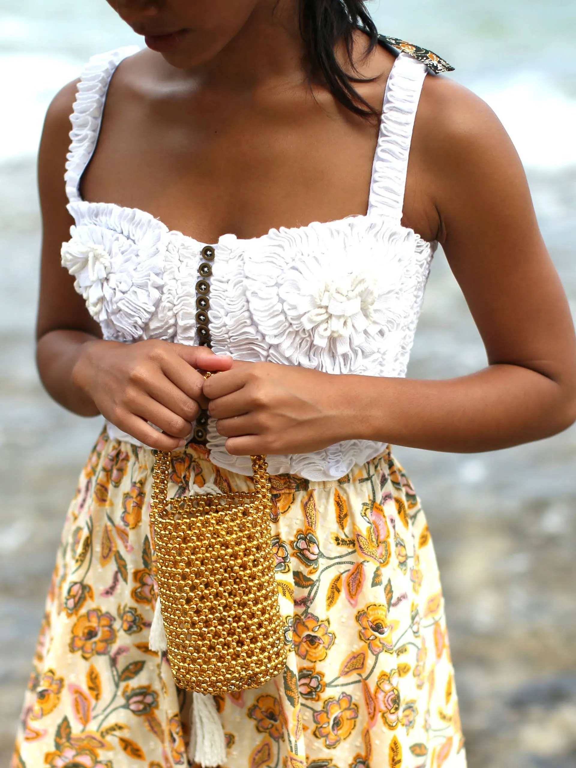 Golda metallic beads bucket bag in gold