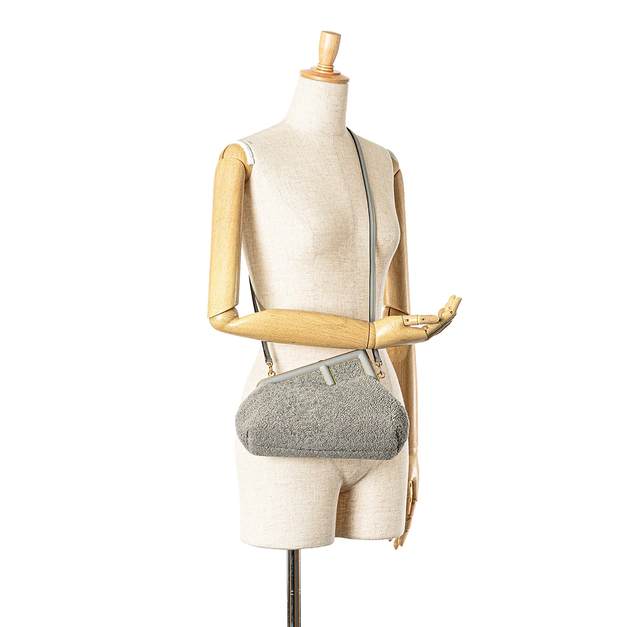 Gray Fendi Small Shearling Fendi First Crossbody Bag