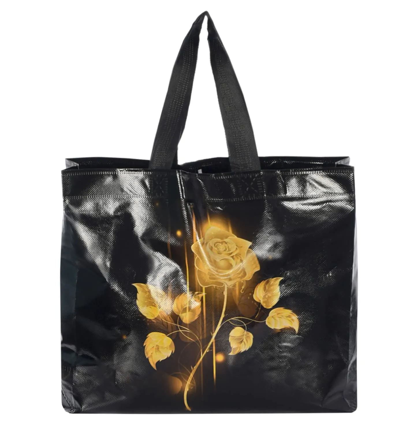 Heart Home Rose Printed Laminated Non Woven Party Favor Gift Bag, Tote Bag, Carry Bags with Handles- Pack of 12 (Black)-50HH01134