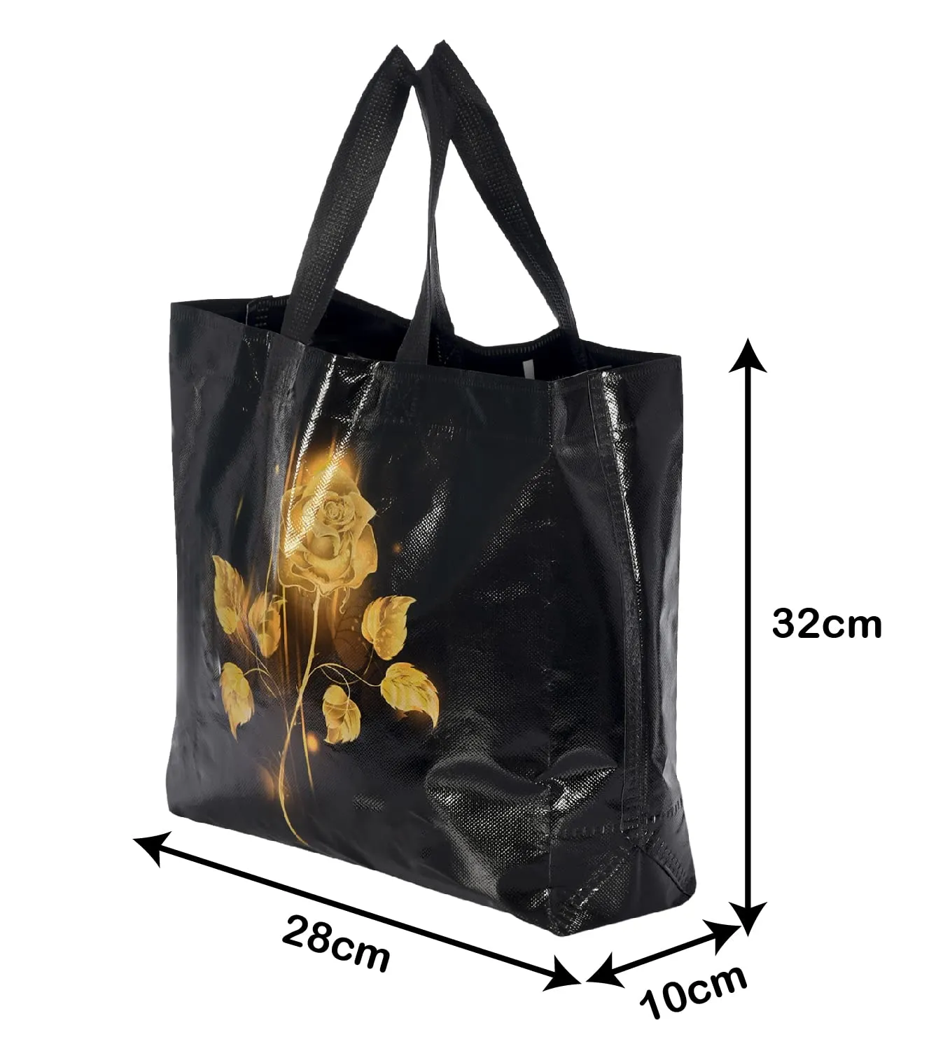 Heart Home Rose Printed Laminated Non Woven Party Favor Gift Bag, Tote Bag, Carry Bags with Handles- Pack of 12 (Black)-50HH01134