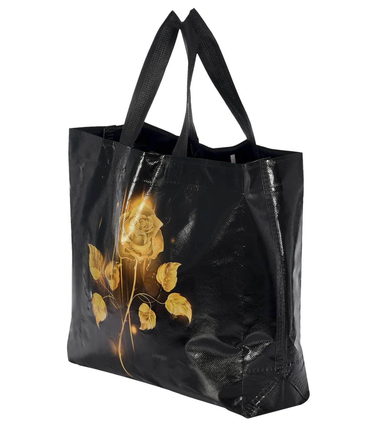 Heart Home Rose Printed Laminated Non Woven Party Favor Gift Bag, Tote Bag, Carry Bags with Handles- Pack of 12 (Black)-50HH01134
