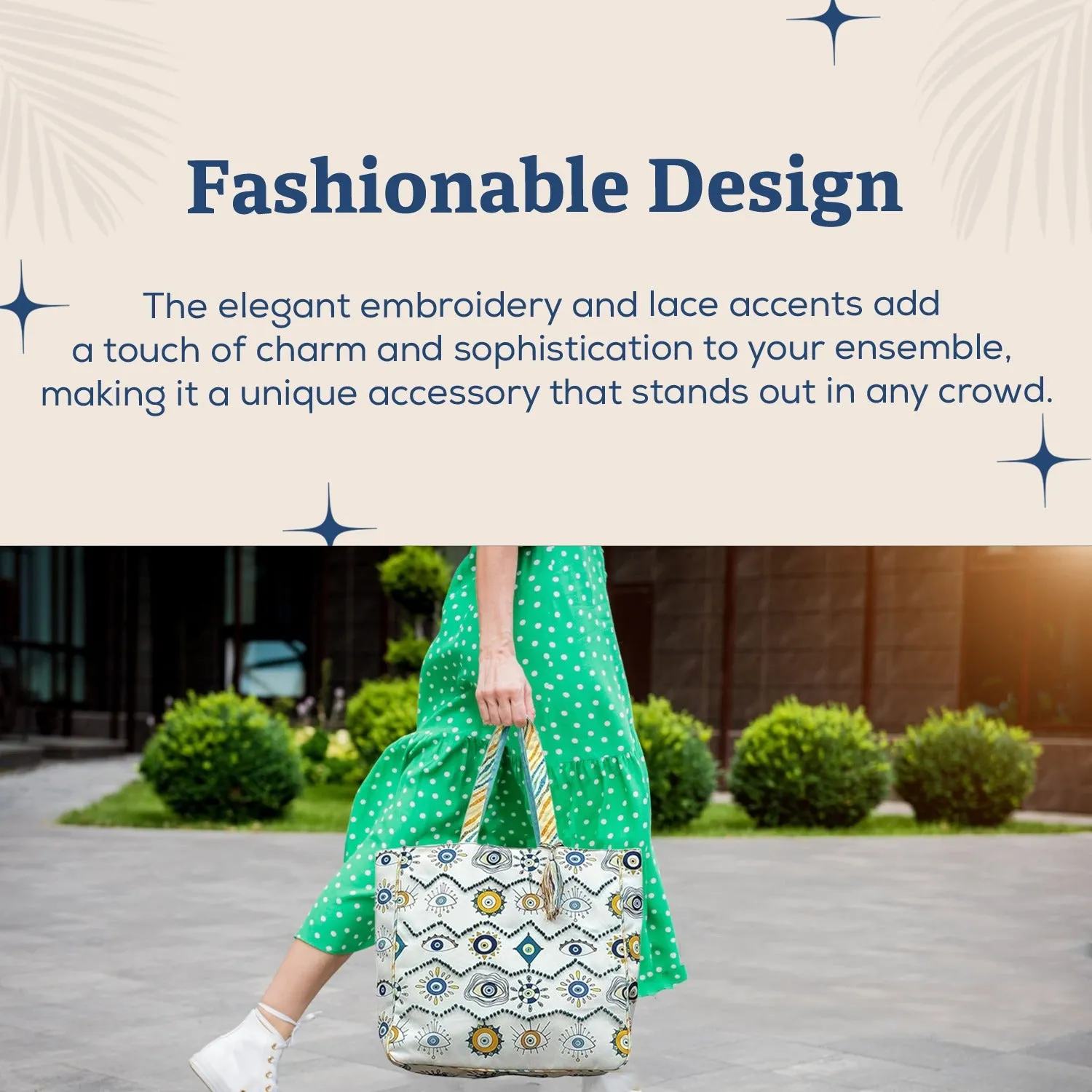 HHH Designs Poly Canvas Tote Bag with Embroidery and Lace Accents - Stylish & Versatile Carryall