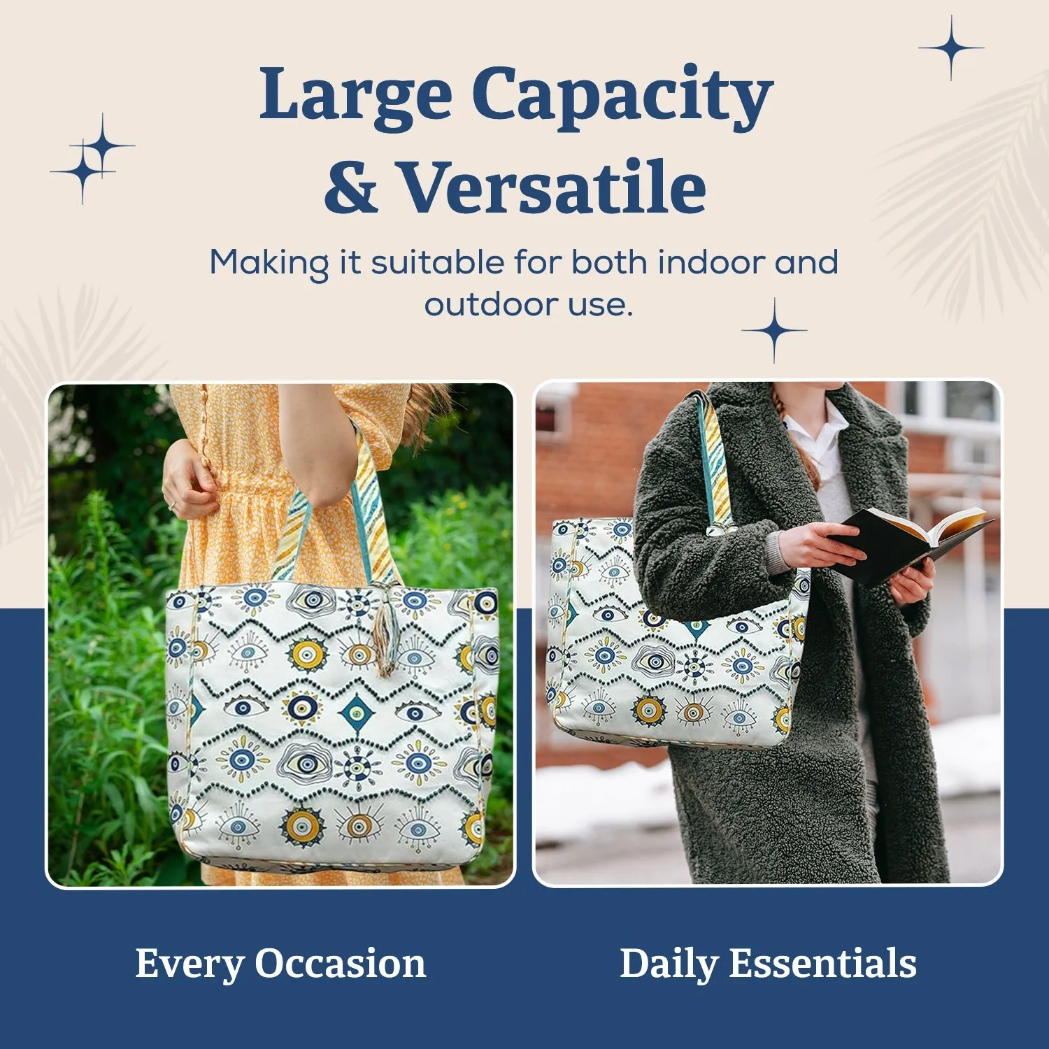 HHH Designs Poly Canvas Tote Bag with Embroidery and Lace Accents - Stylish & Versatile Carryall