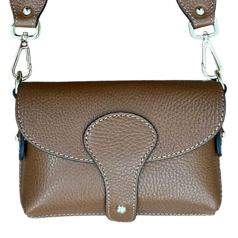 Italian Leather Mini Handbag in Dark Tan