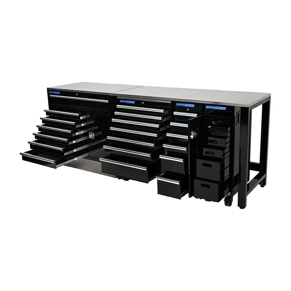 Kincrome K7375 5 Piece 2541mm x 622mm x 1000mm 20 Drawer Black Roller Cabinet Trolley Workshop Bench Pro Kit
