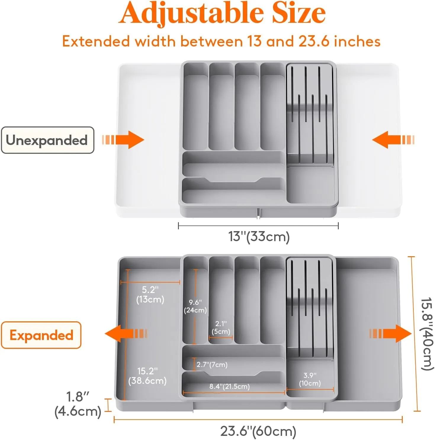 Lifewit Silverware Organizer for Kitchen Drawers, Expandable Utensil Tray with Removable Knife Block, Adjustable Cutlery and Flatware Holder, Plastic Spoon Forks Holder Storage Divider, Large, Gray