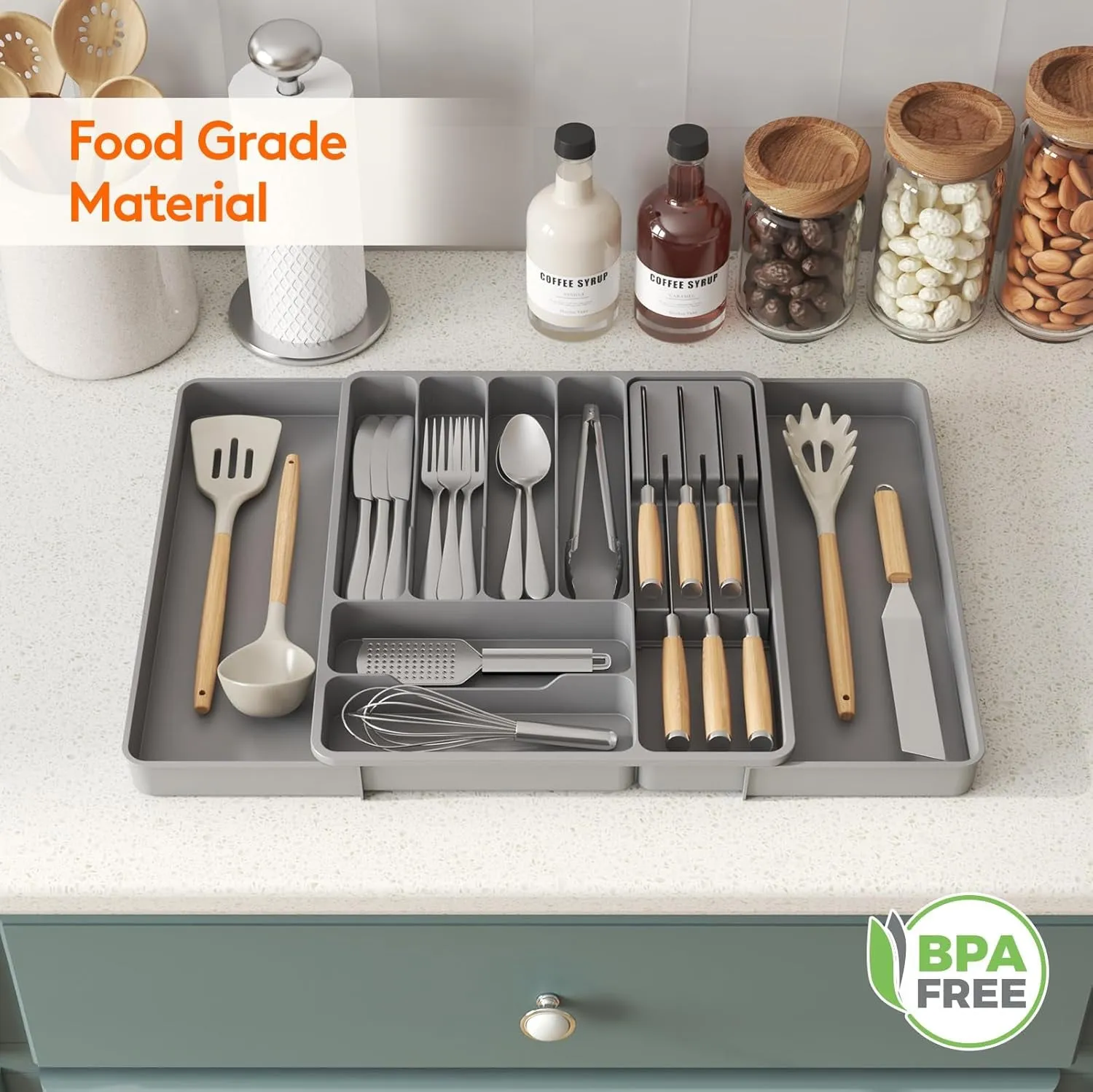 Lifewit Silverware Organizer for Kitchen Drawers, Expandable Utensil Tray with Removable Knife Block, Adjustable Cutlery and Flatware Holder, Plastic Spoon Forks Holder Storage Divider, Large, Gray