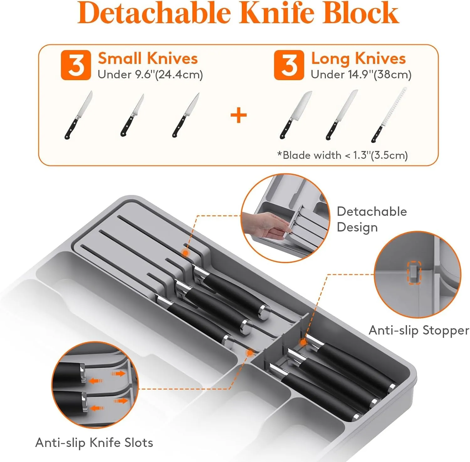 Lifewit Silverware Organizer for Kitchen Drawers, Expandable Utensil Tray with Removable Knife Block, Adjustable Cutlery and Flatware Holder, Plastic Spoon Forks Holder Storage Divider, Large, Gray