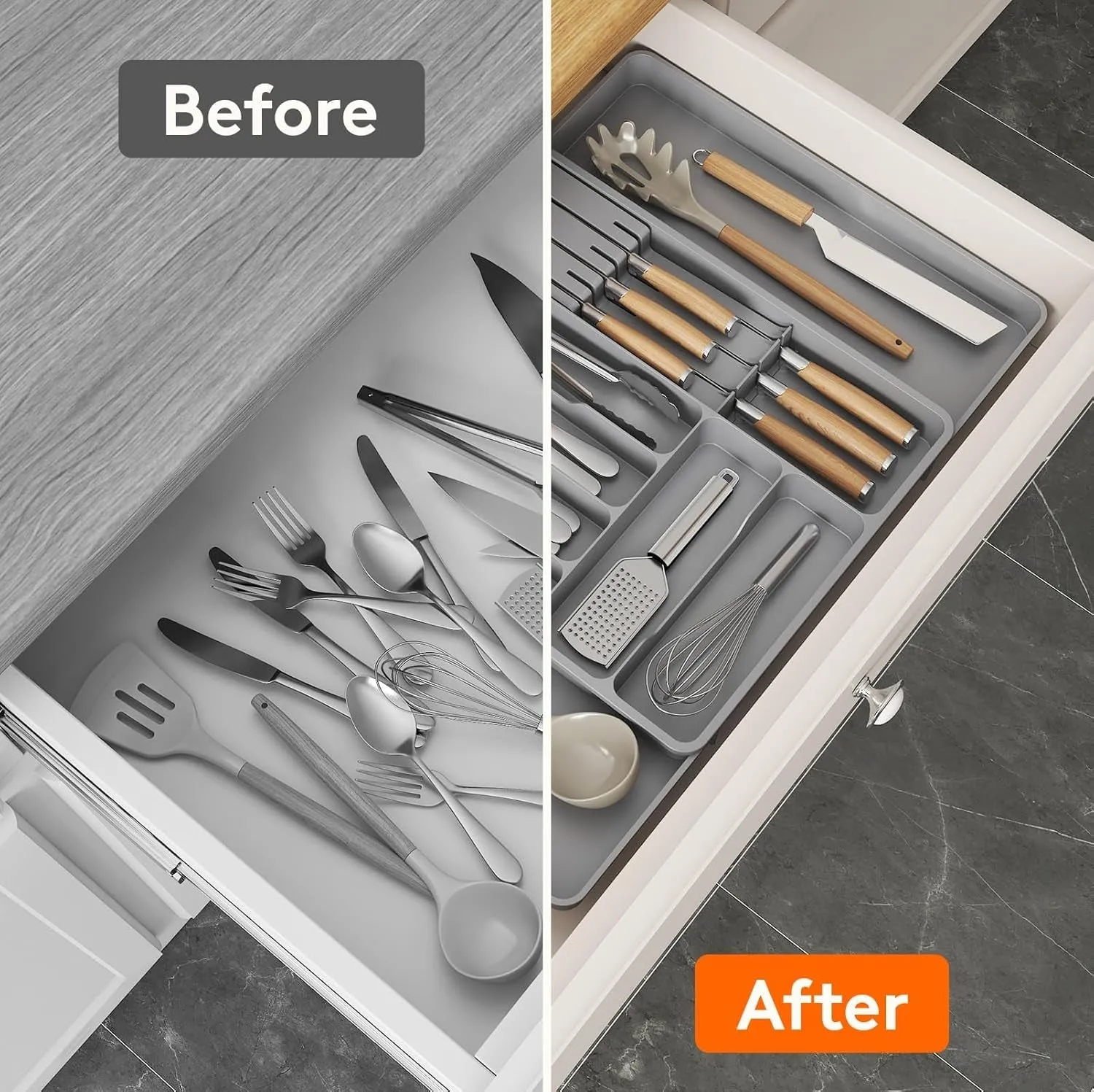 Lifewit Silverware Organizer for Kitchen Drawers, Expandable Utensil Tray with Removable Knife Block, Adjustable Cutlery and Flatware Holder, Plastic Spoon Forks Holder Storage Divider, Large, Gray