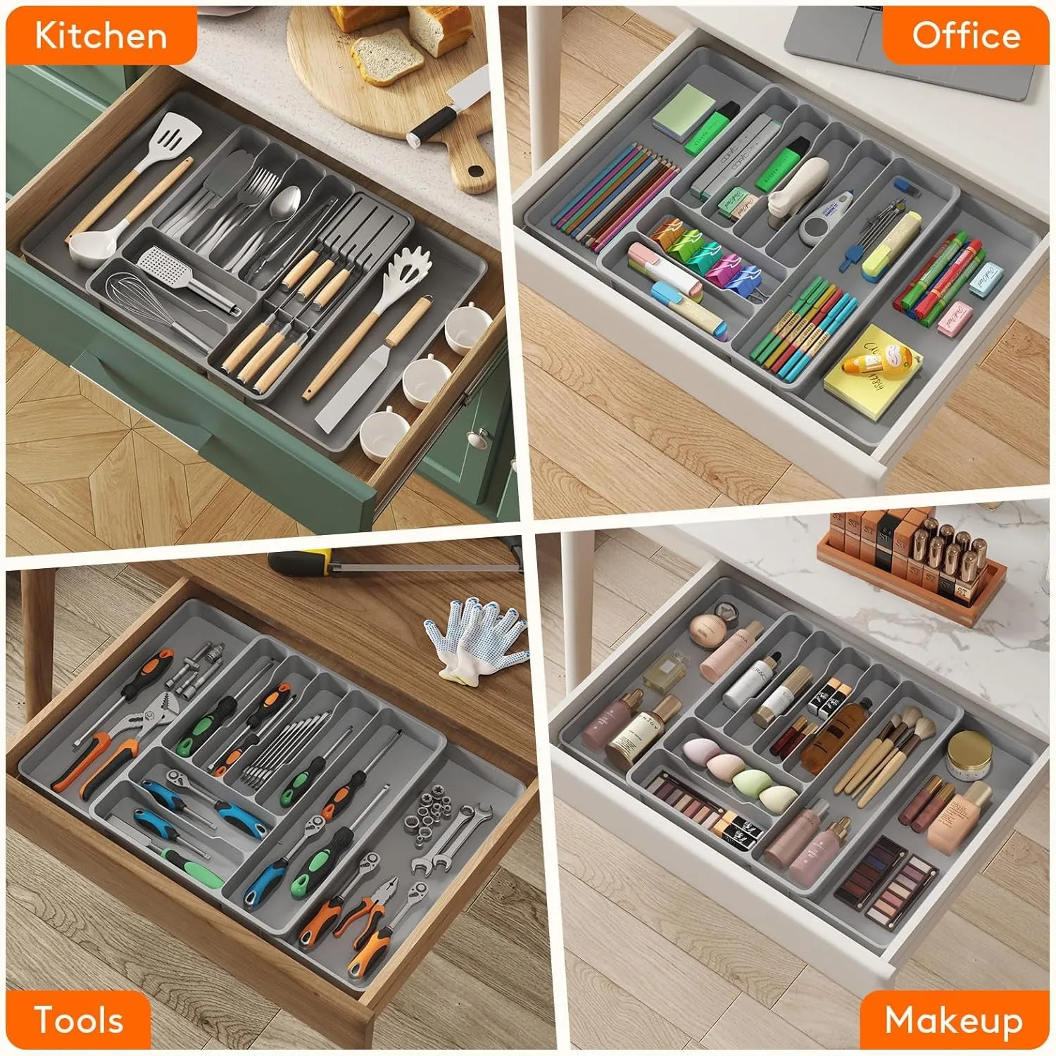 Lifewit Silverware Organizer for Kitchen Drawers, Expandable Utensil Tray with Removable Knife Block, Adjustable Cutlery and Flatware Holder, Plastic Spoon Forks Holder Storage Divider, Large, Gray