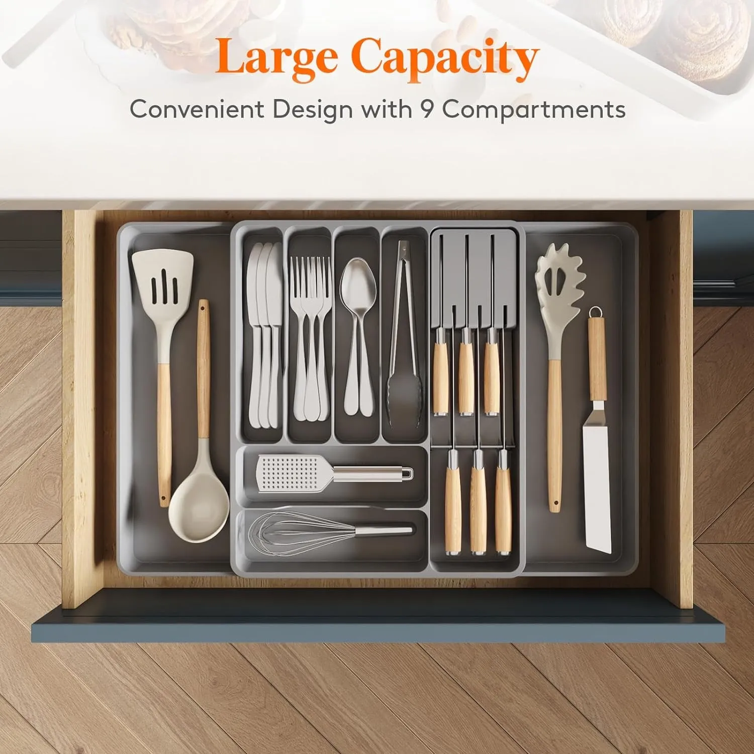 Lifewit Silverware Organizer for Kitchen Drawers, Expandable Utensil Tray with Removable Knife Block, Adjustable Cutlery and Flatware Holder, Plastic Spoon Forks Holder Storage Divider, Large, Gray