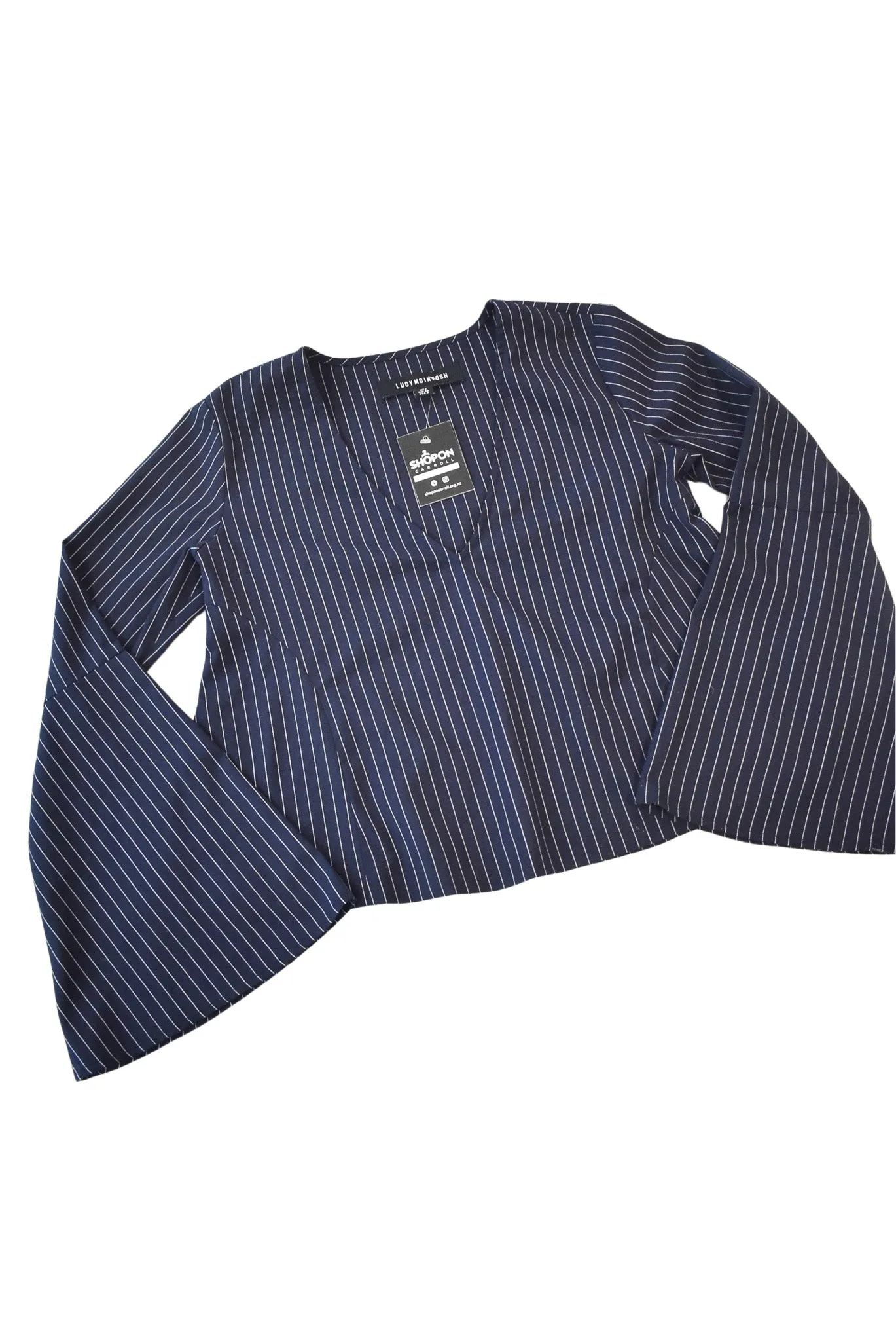 Lucy Mcintosh navy pinstripe flared sleeve blouse, 8