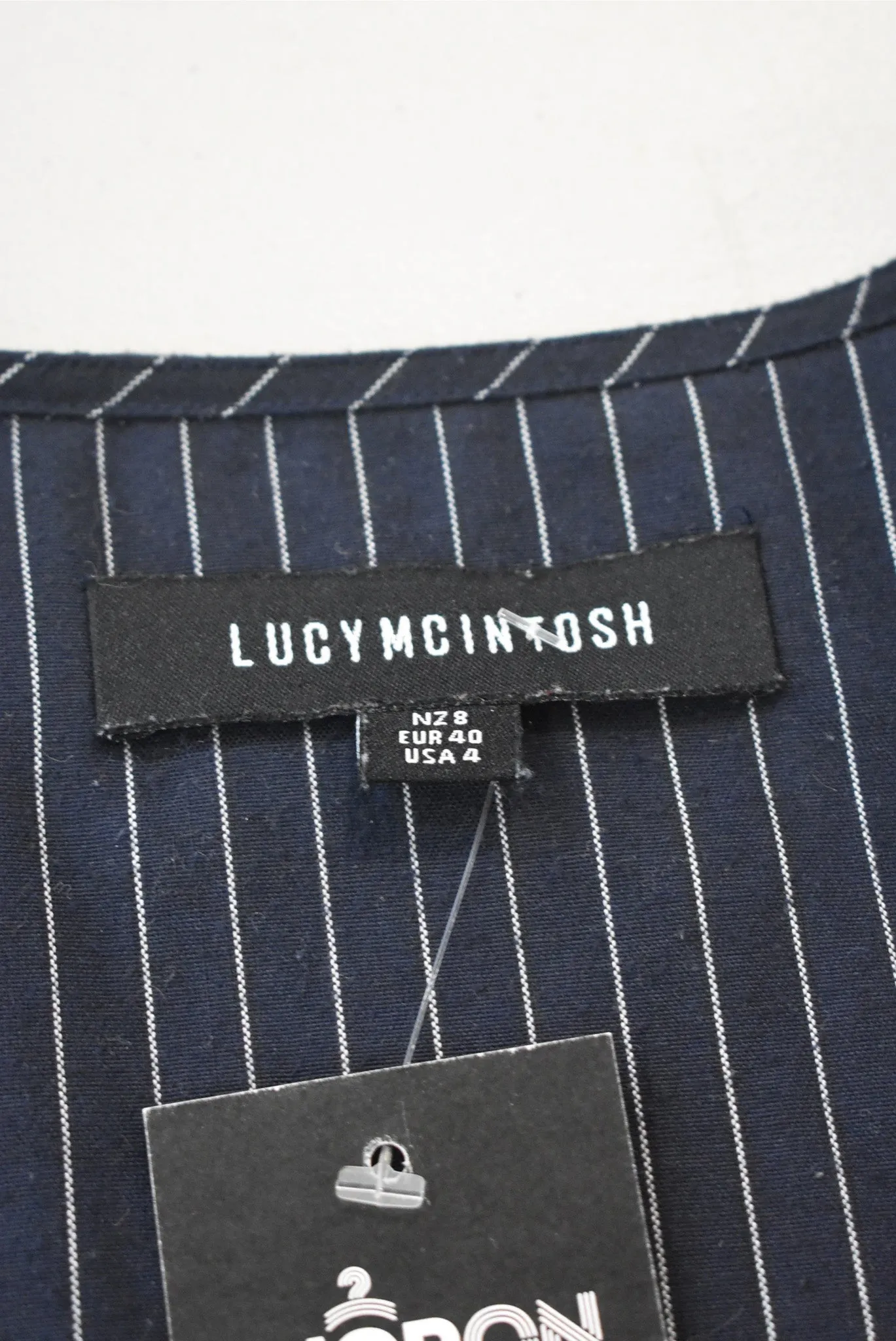 Lucy Mcintosh navy pinstripe flared sleeve blouse, 8