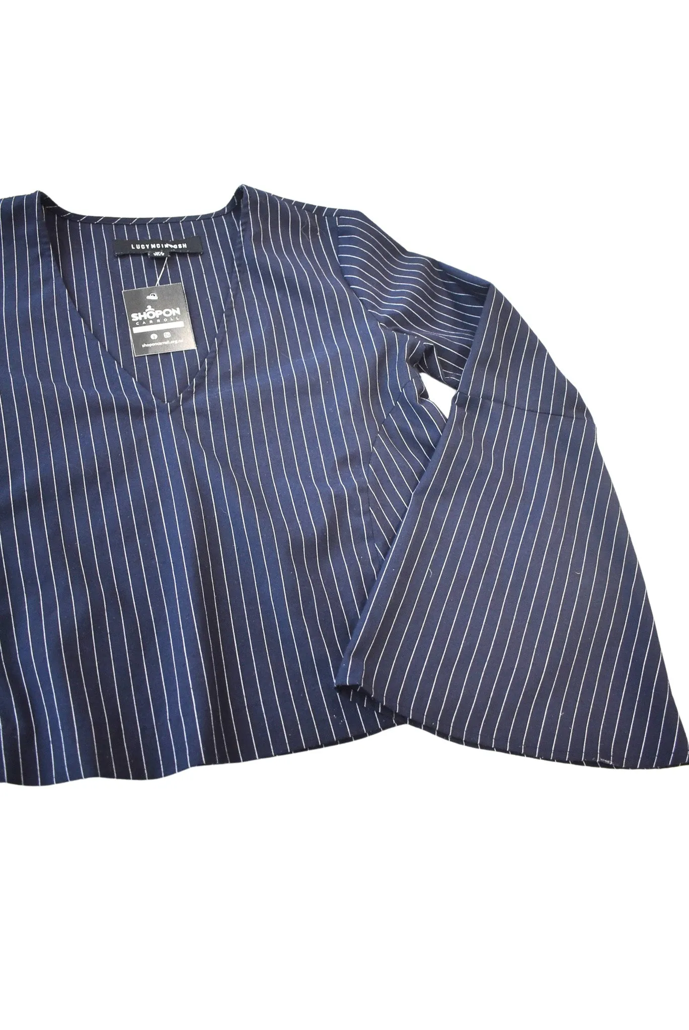 Lucy Mcintosh navy pinstripe flared sleeve blouse, 8