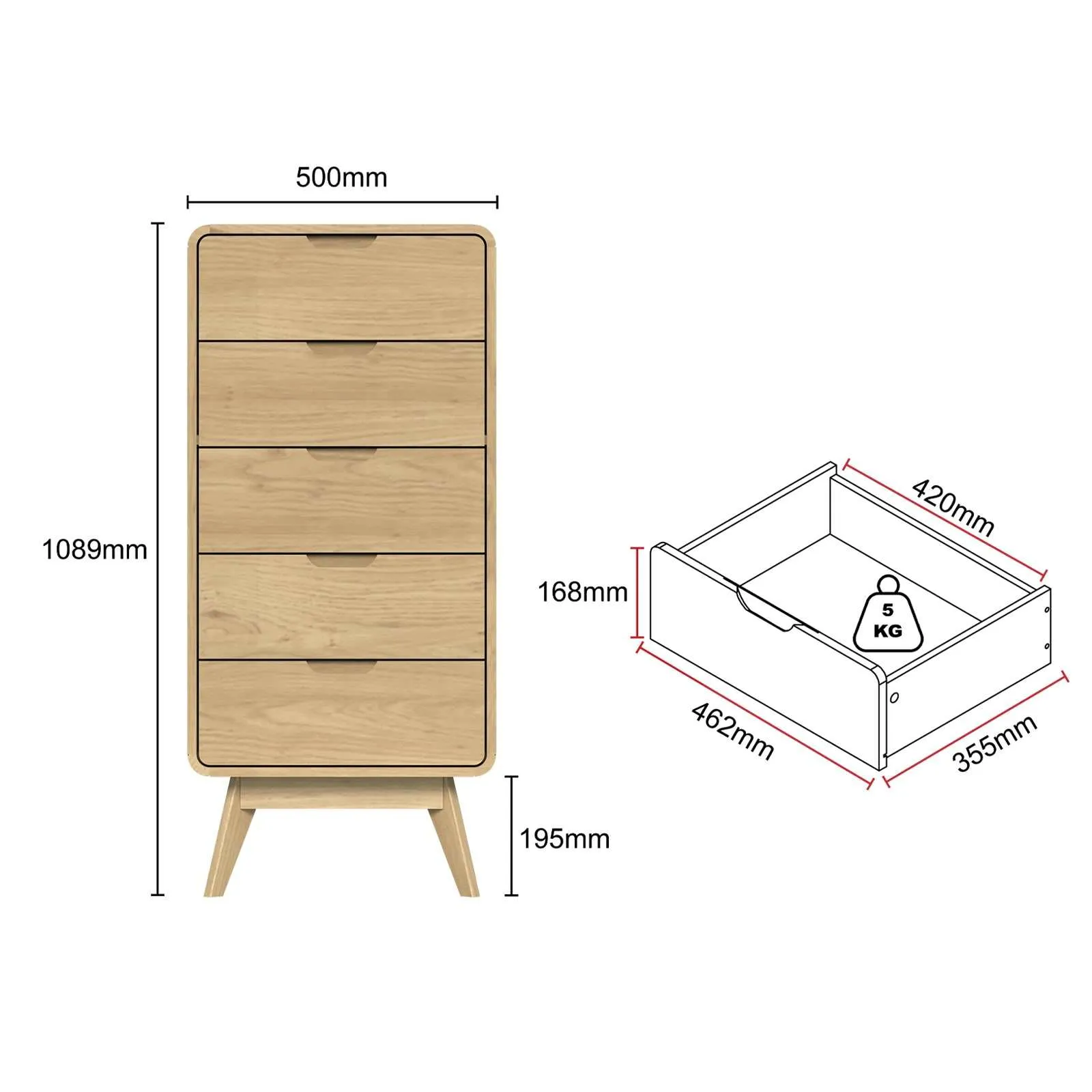 MerryLuk Tallboy Dresser 5 Drawers
