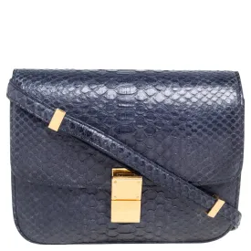 Navy Blue Python Medium Classic Box Shoulder Bag