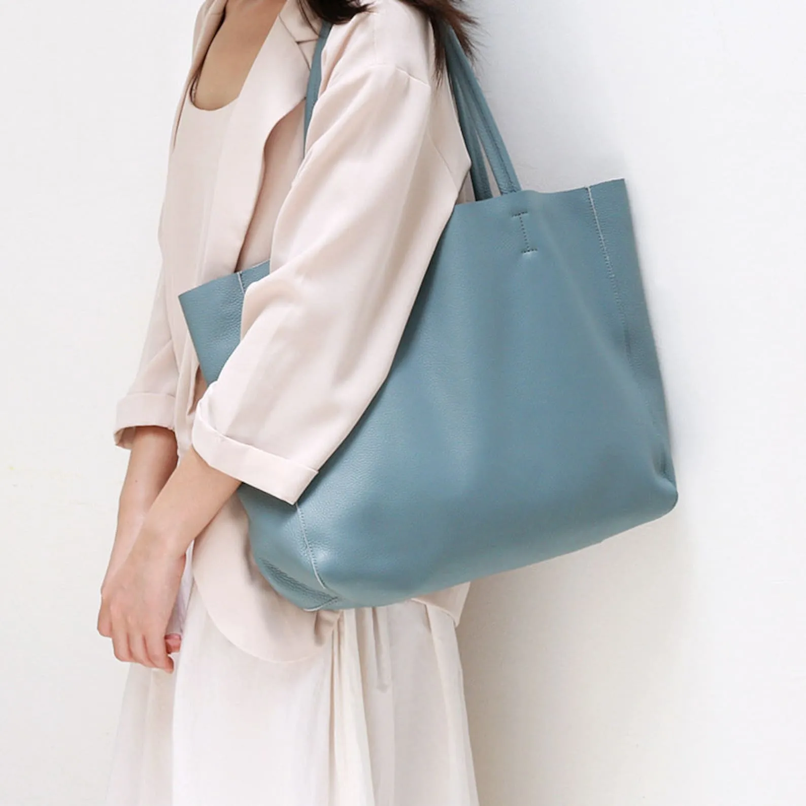 Sky Blue Leather Tote Bag Large Capacity Handbag