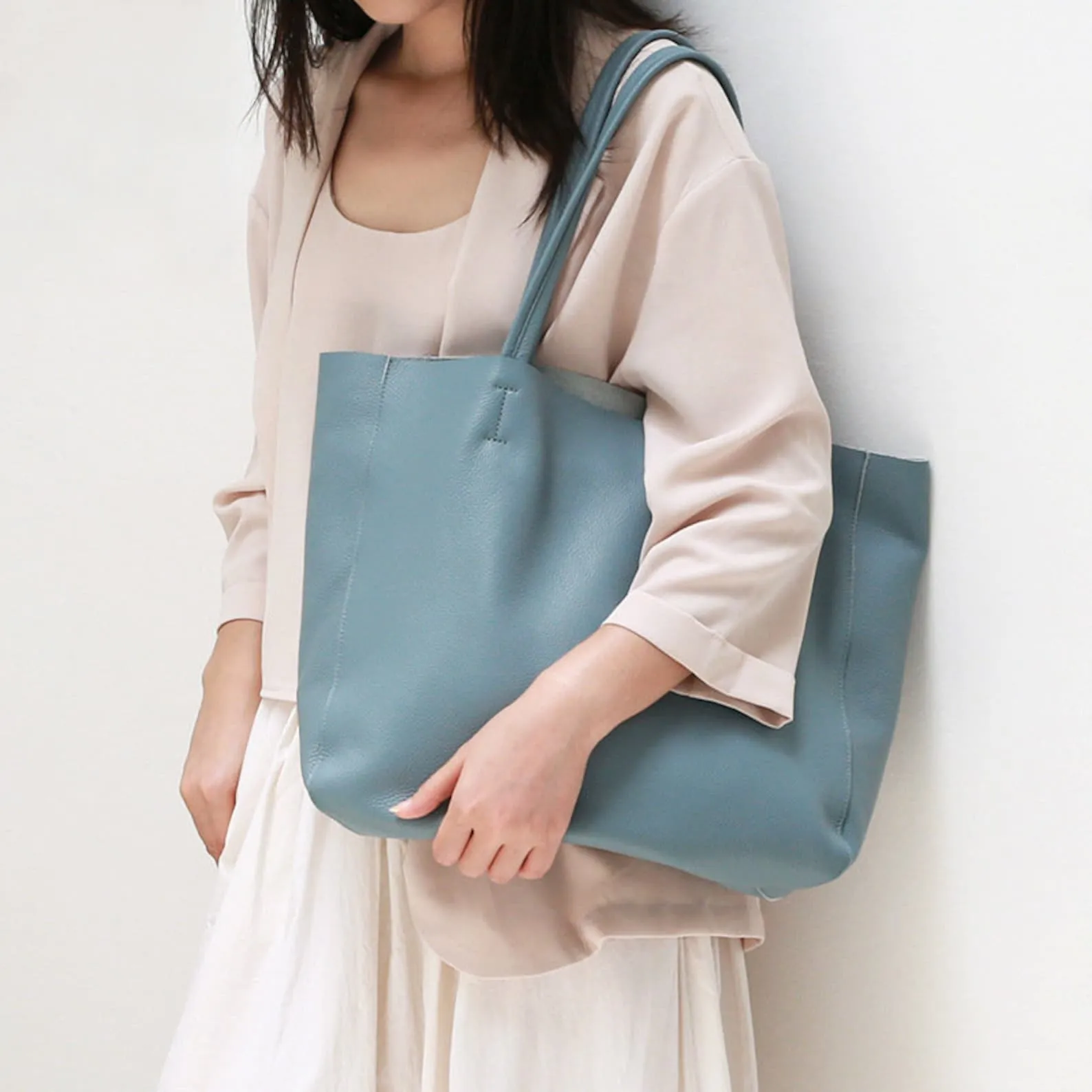 Sky Blue Leather Tote Bag Large Capacity Handbag