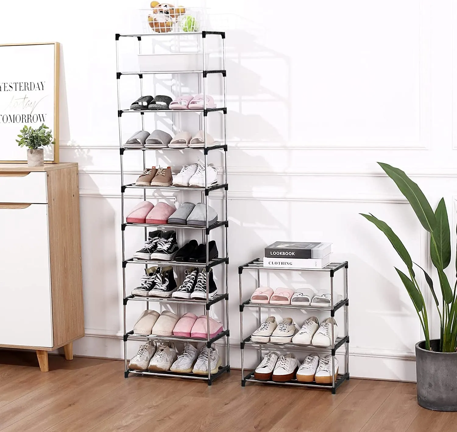 Stackable Small Shoe Rack, Entryway, Hallway and Closet Space Saving Storage and Organization (3-Tier, Black)