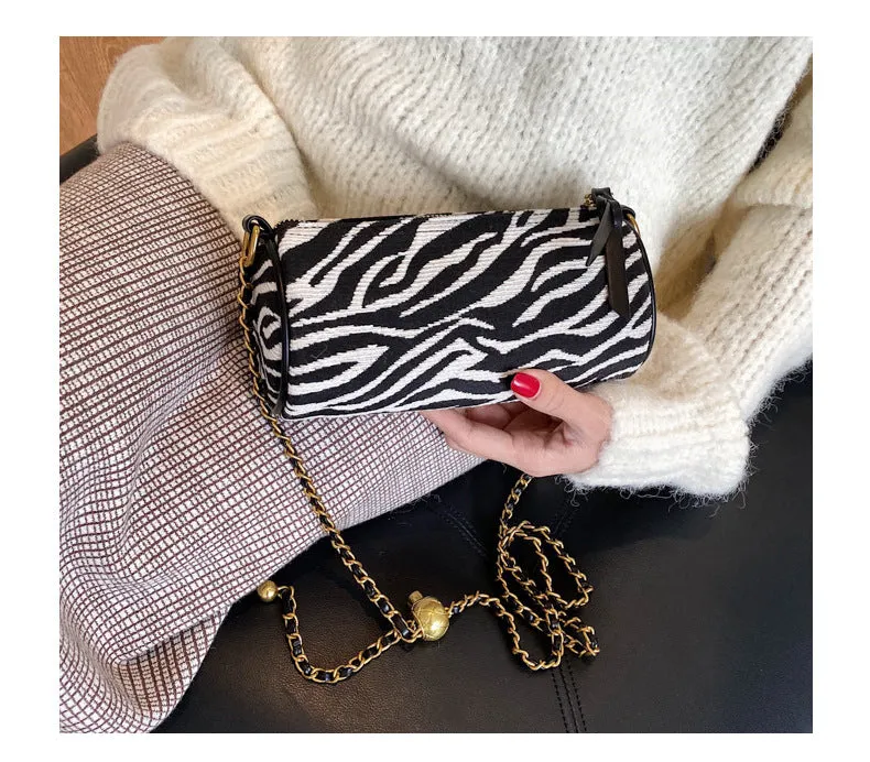 Transfer bead pillow cylinder bag zebra pattern canvas bag women's single shoulder chain small bag crossbody bag