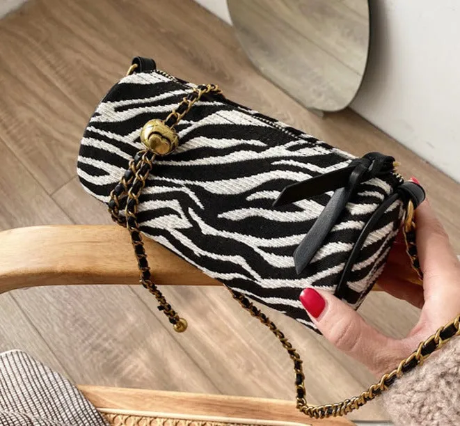 Transfer bead pillow cylinder bag zebra pattern canvas bag women's single shoulder chain small bag crossbody bag