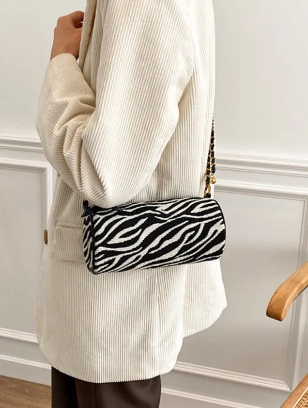 Transfer bead pillow cylinder bag zebra pattern canvas bag women's single shoulder chain small bag crossbody bag
