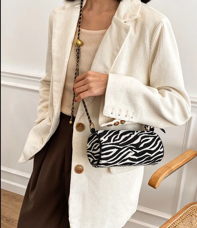 Transfer bead pillow cylinder bag zebra pattern canvas bag women's single shoulder chain small bag crossbody bag