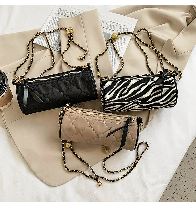 Transfer bead pillow cylinder bag zebra pattern canvas bag women's single shoulder chain small bag crossbody bag