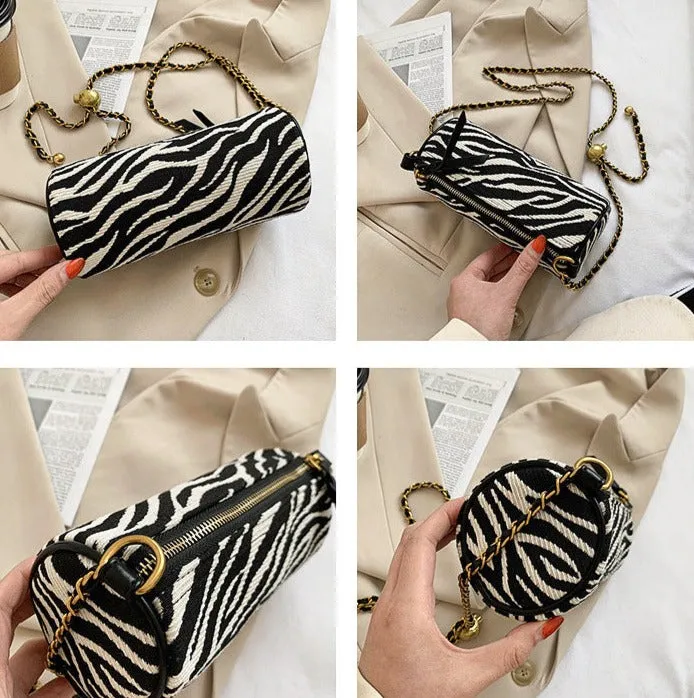 Transfer bead pillow cylinder bag zebra pattern canvas bag women's single shoulder chain small bag crossbody bag