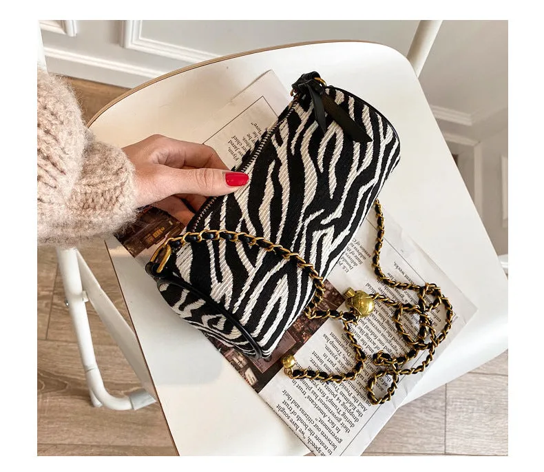 Transfer bead pillow cylinder bag zebra pattern canvas bag women's single shoulder chain small bag crossbody bag