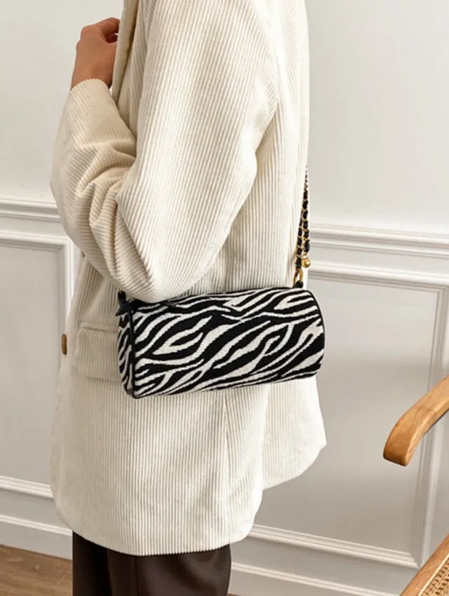 Transfer bead pillow cylinder bag zebra pattern canvas bag women's single shoulder chain small bag crossbody bag