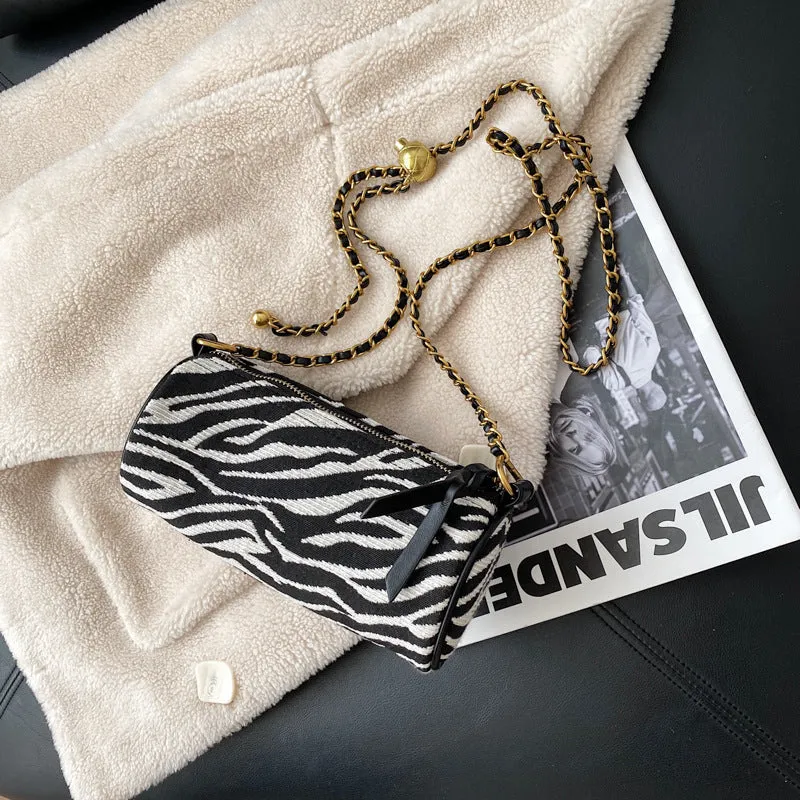 Transfer bead pillow cylinder bag zebra pattern canvas bag women's single shoulder chain small bag crossbody bag