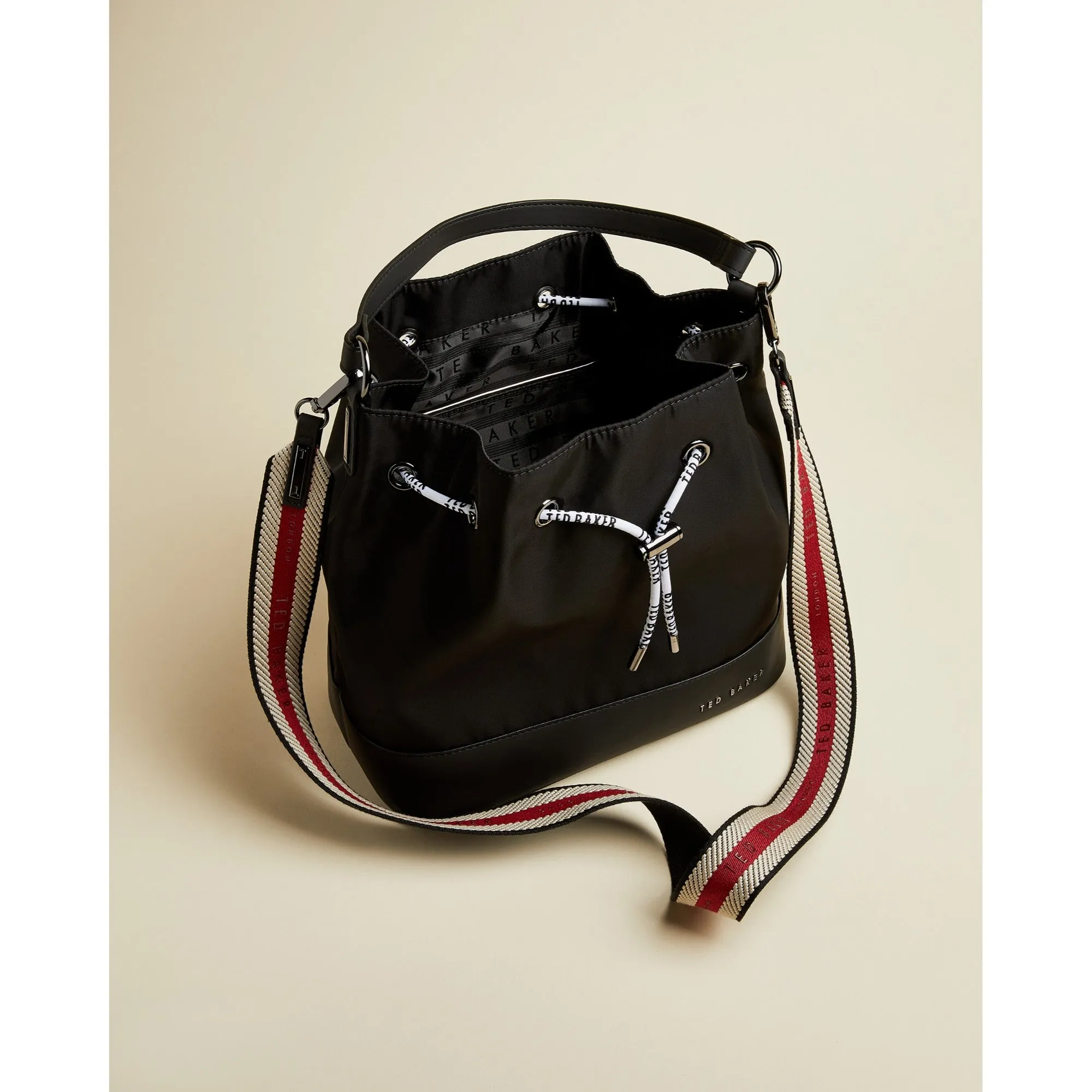 Women Kenzie-Branded Webbing Strap Nylon Bucket Bag - Black