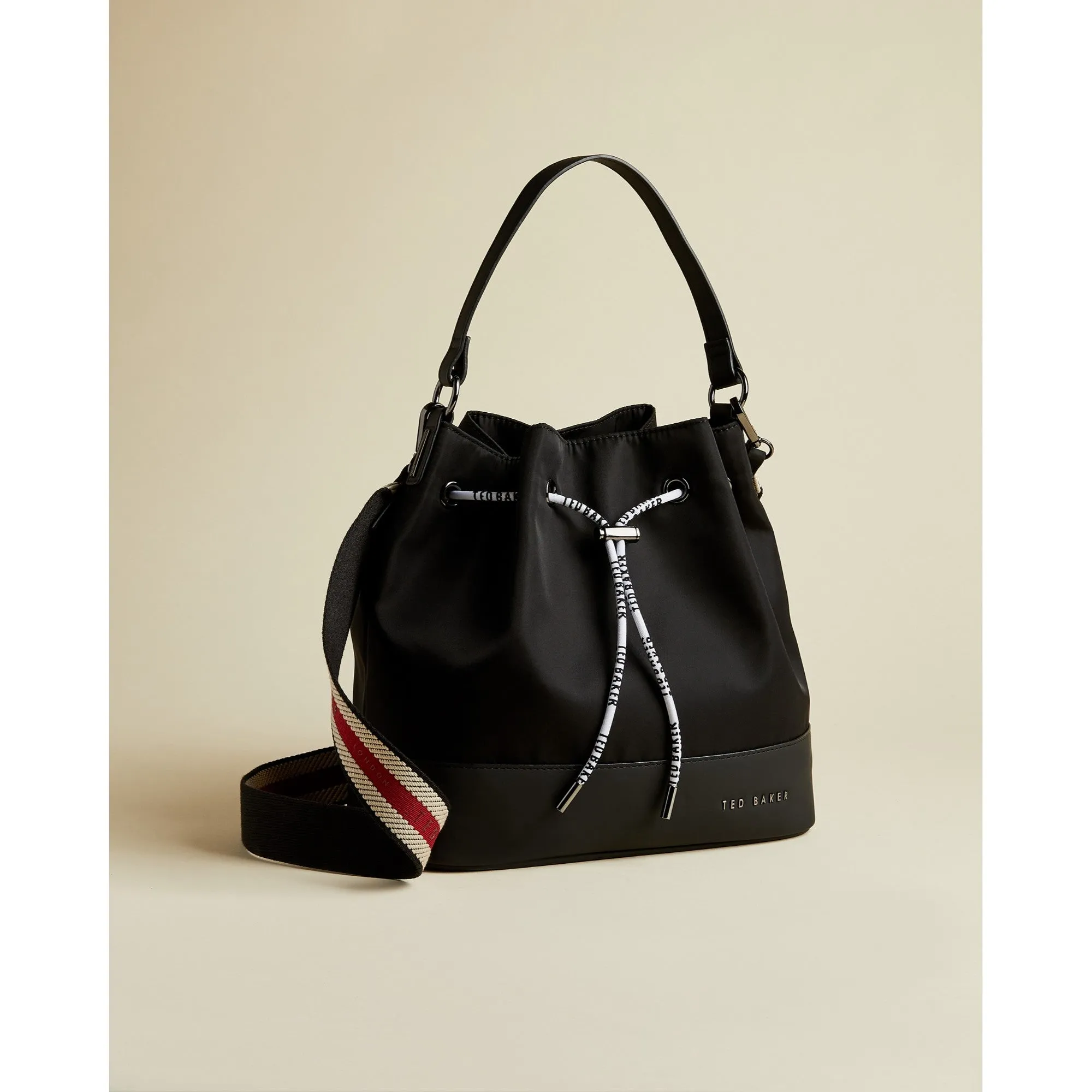 Women Kenzie-Branded Webbing Strap Nylon Bucket Bag - Black